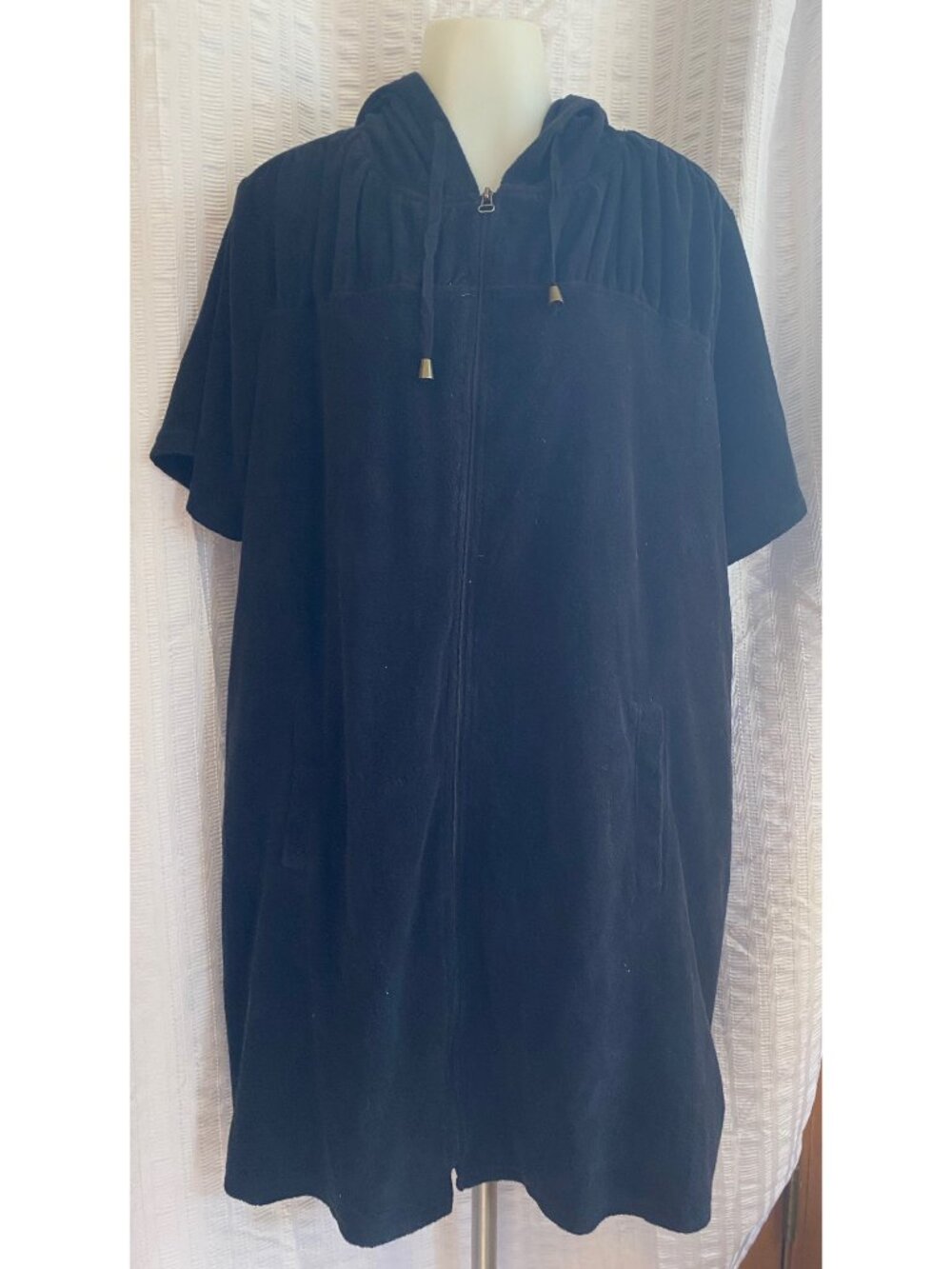 Navy Blue Hooded Zip Front Cotton Blend Tunic Top
